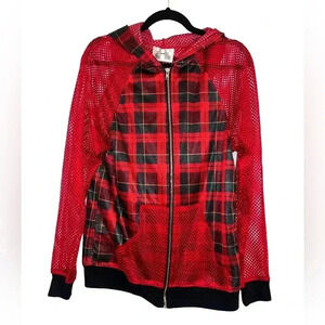 Hologram City Red and Green Plaid Mesh Jacket with Hood Size Small